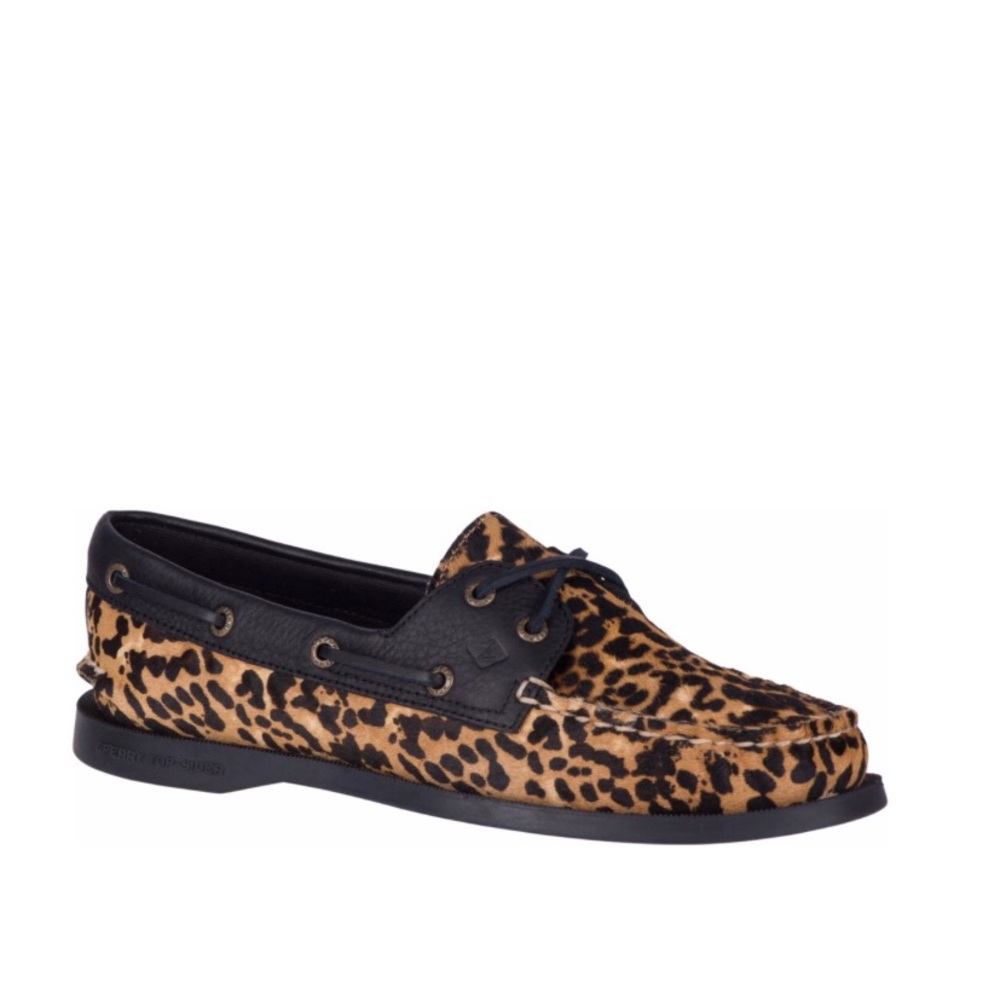 Sperry Leopard Print Boat Shoe in Black and Tan